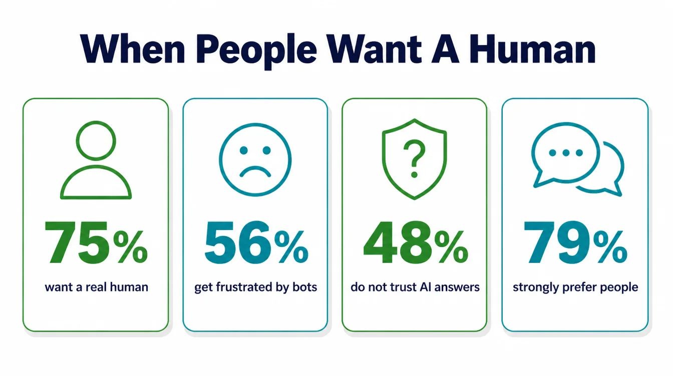 Four stat panels showing 75 percent want a real human, 56 percent get frustrated by bots