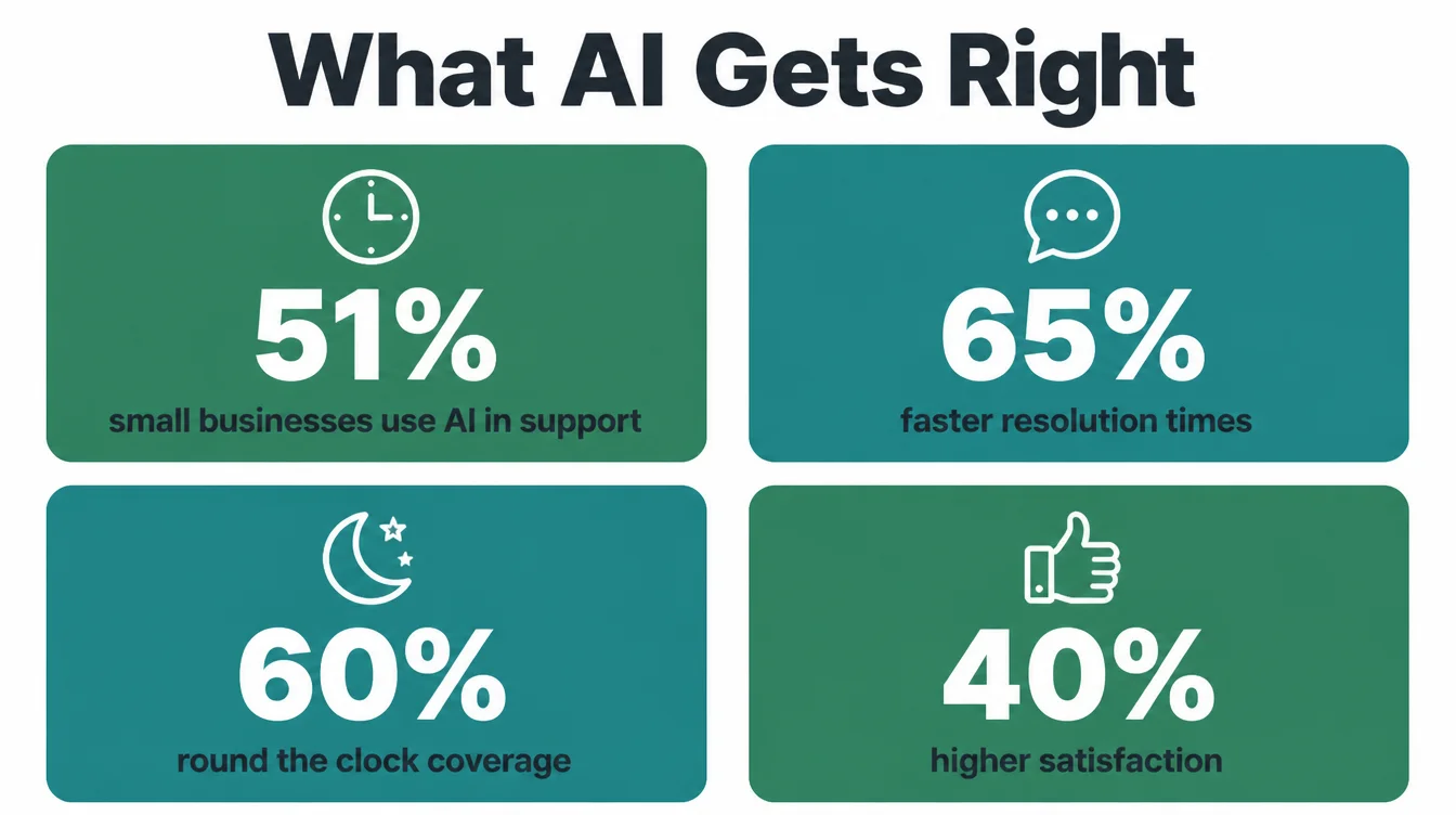 Four stat cards showing 51 percent small business AI use, 65 percent faster resolution