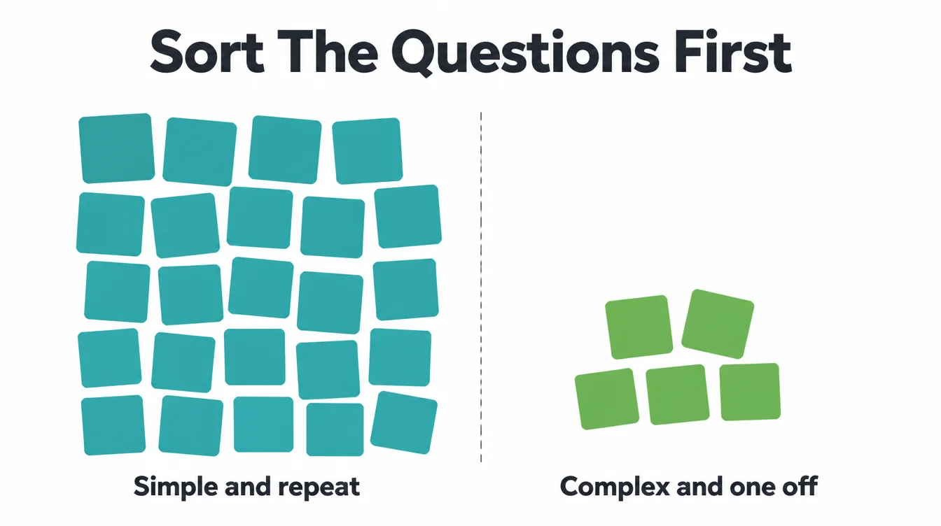 A large pile of simple repeat questions next to a small pile of complex one off questions.