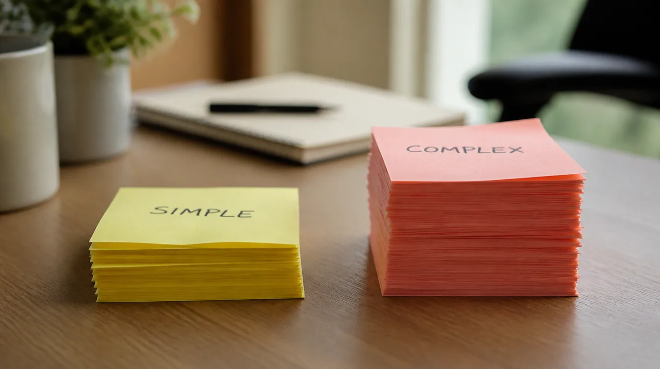 Sticky notes sorted into two piles on a desk, one labelled simple and one labelled complex.