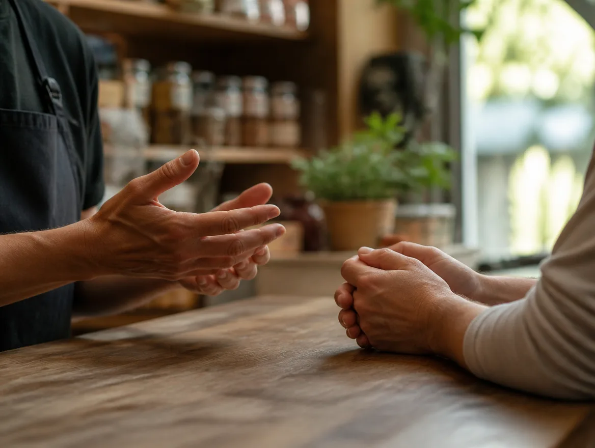 Two pairs of hands meeting across a shop counter mid-conversation, suggesting a personal human exchange.