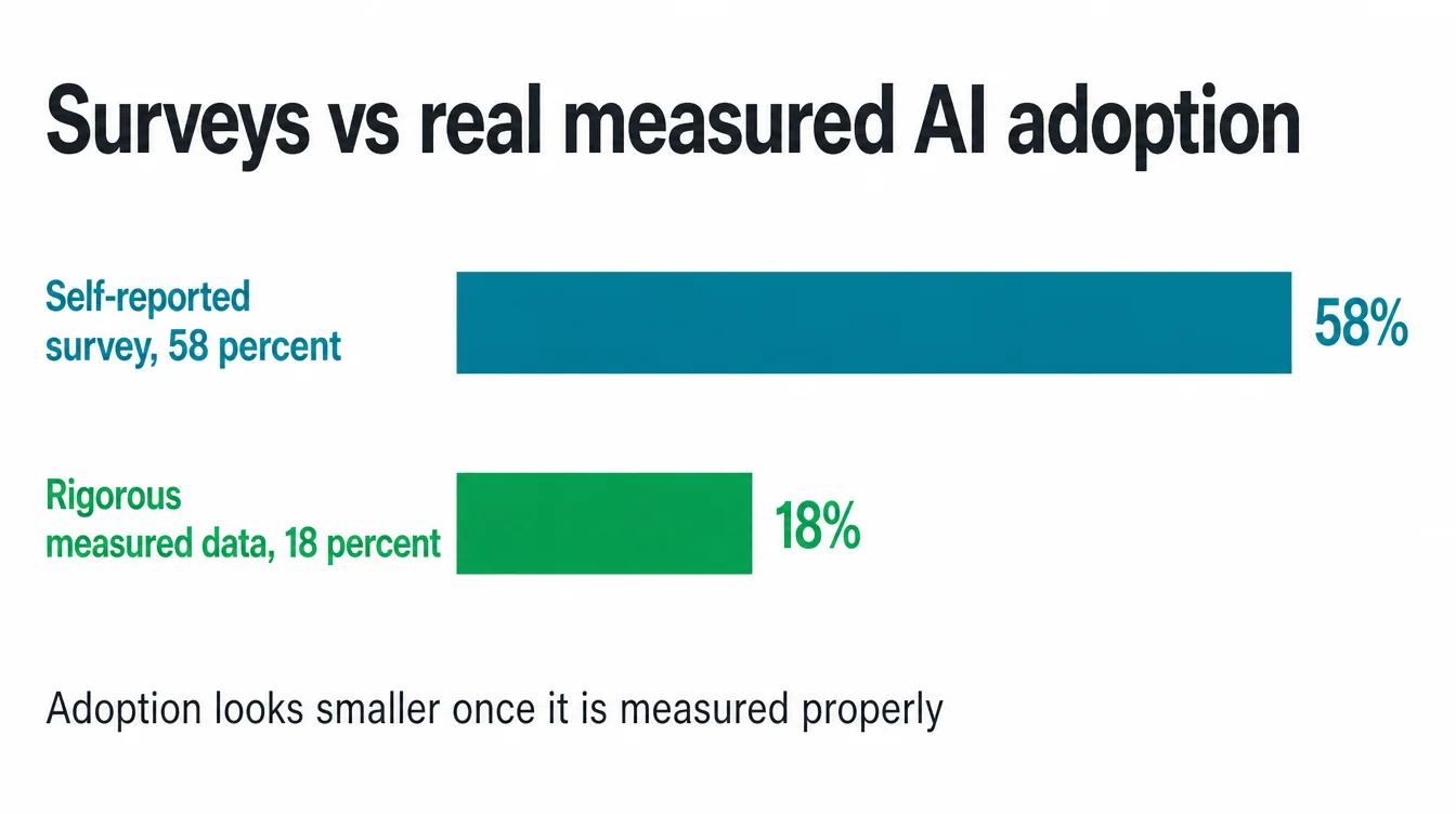 Bar chart comparing self-reported AI adoption at 58 percent against rigorous measured data at 18 percent.