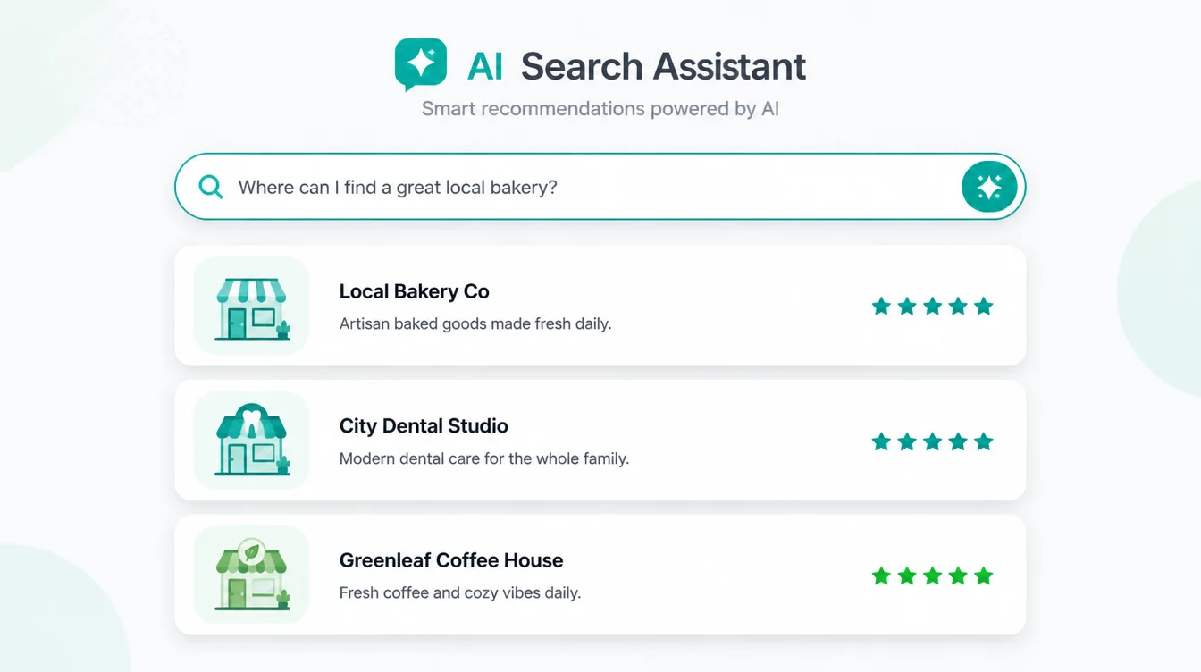 A generic AI search assistant interface showing a question and a short list of recommended local businesses.