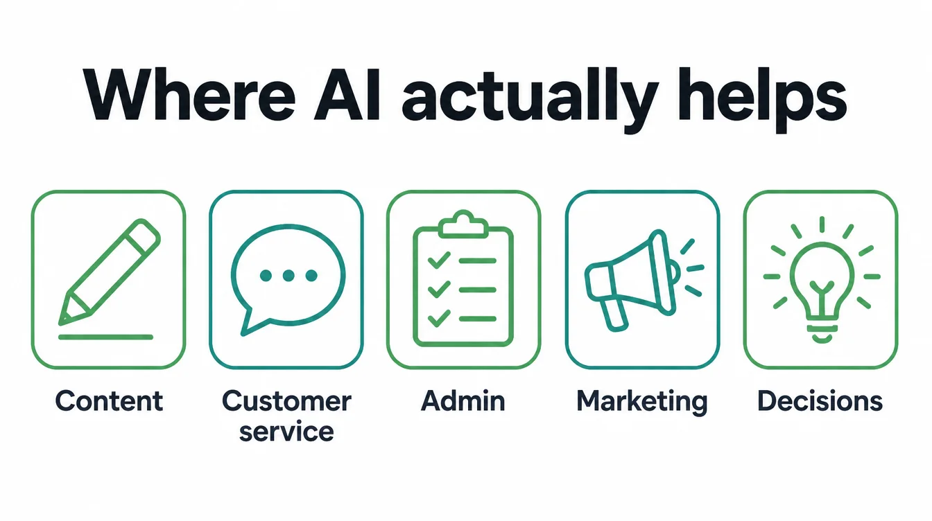 Five icons for the areas AI helps with: content, customer service, admin, marketing, and decisions.
