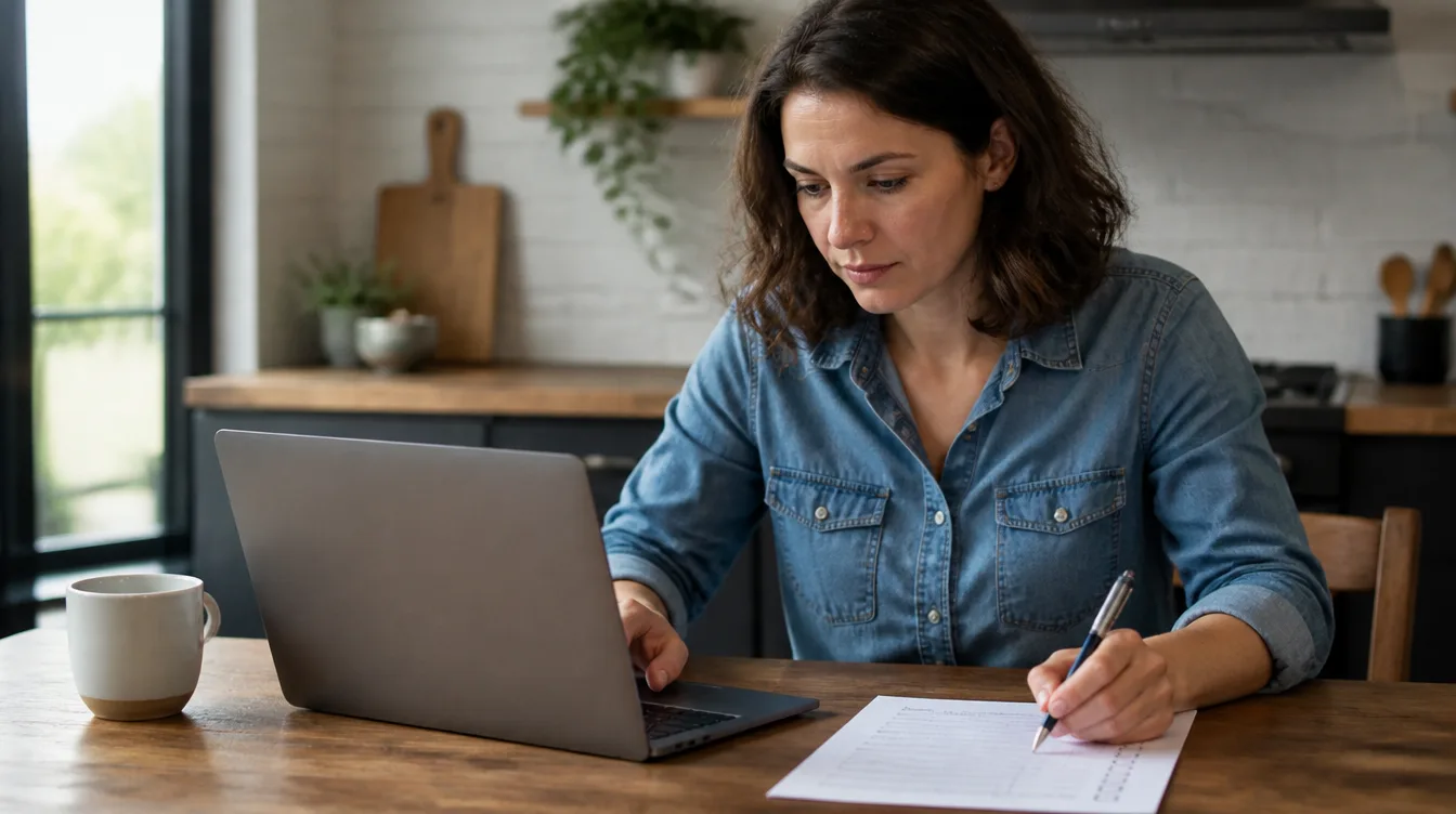 A focused person at a kitchen table with a laptop and a printed checklist beside it.