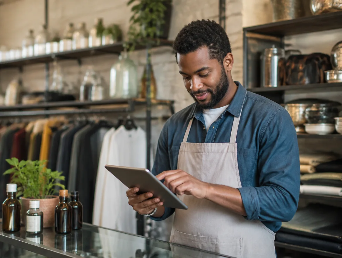 A shopkeeper standing behind a counter, replying to a customer message on a tablet.