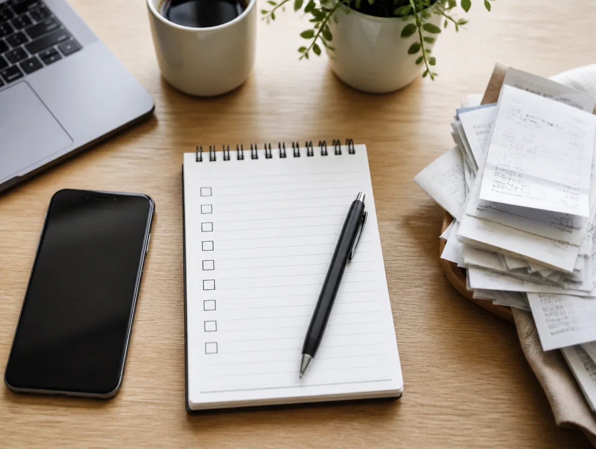 An organized small business desk flat-lay with a notebook to-do list, a phone, and a stack of receipts.