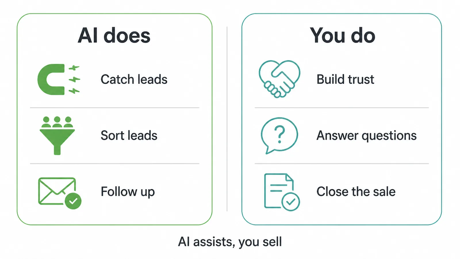 Split diagram showing AI catches, sorts and follows up leads while you build trust and close