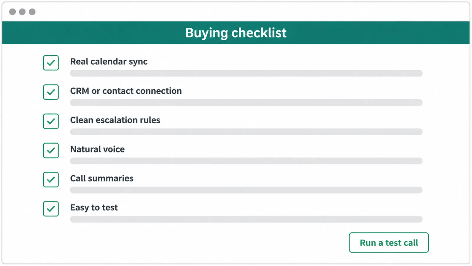 Checklist screen with six things to check before buying an AI receptionist