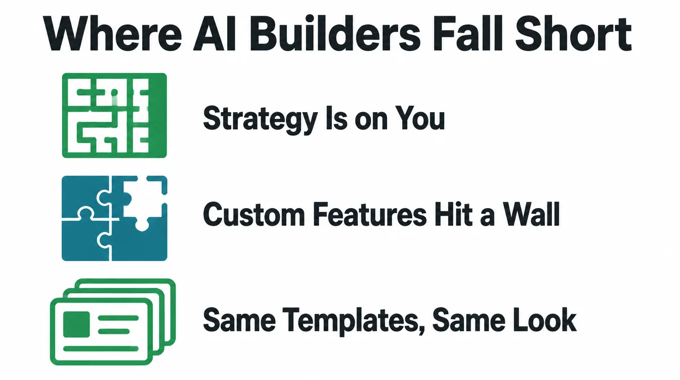 Infographic listing where AI website builders fall short: strategy, custom features, and templates.