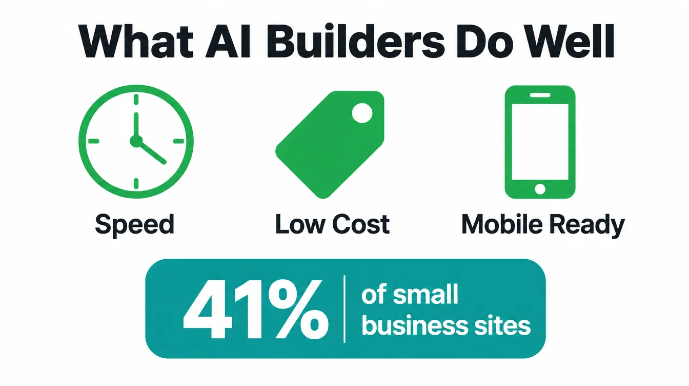 Infographic showing what AI website builders do well: speed, low cost, and mobile-ready design.