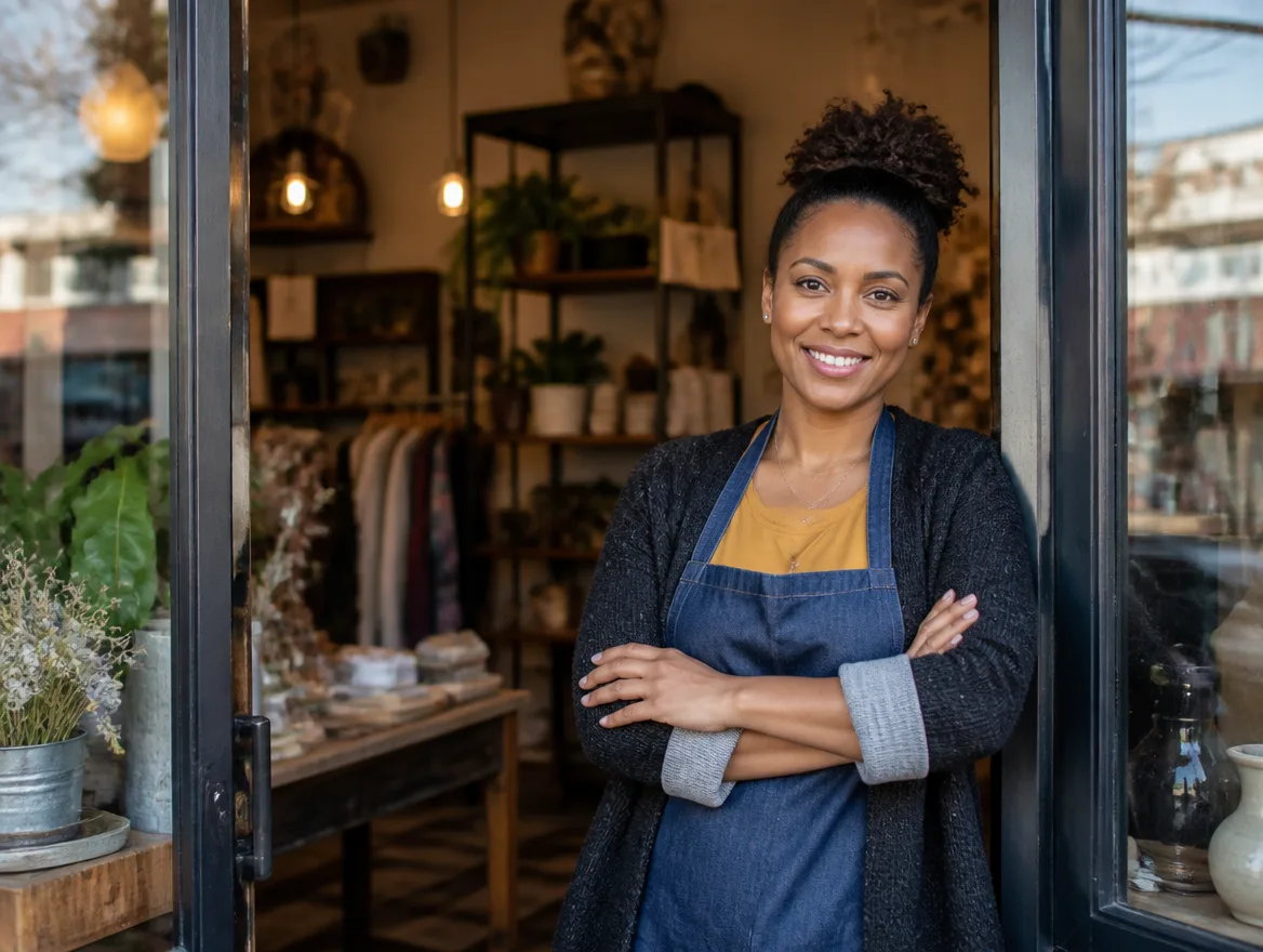 A confident small business owner standing in the doorway of their storefront.