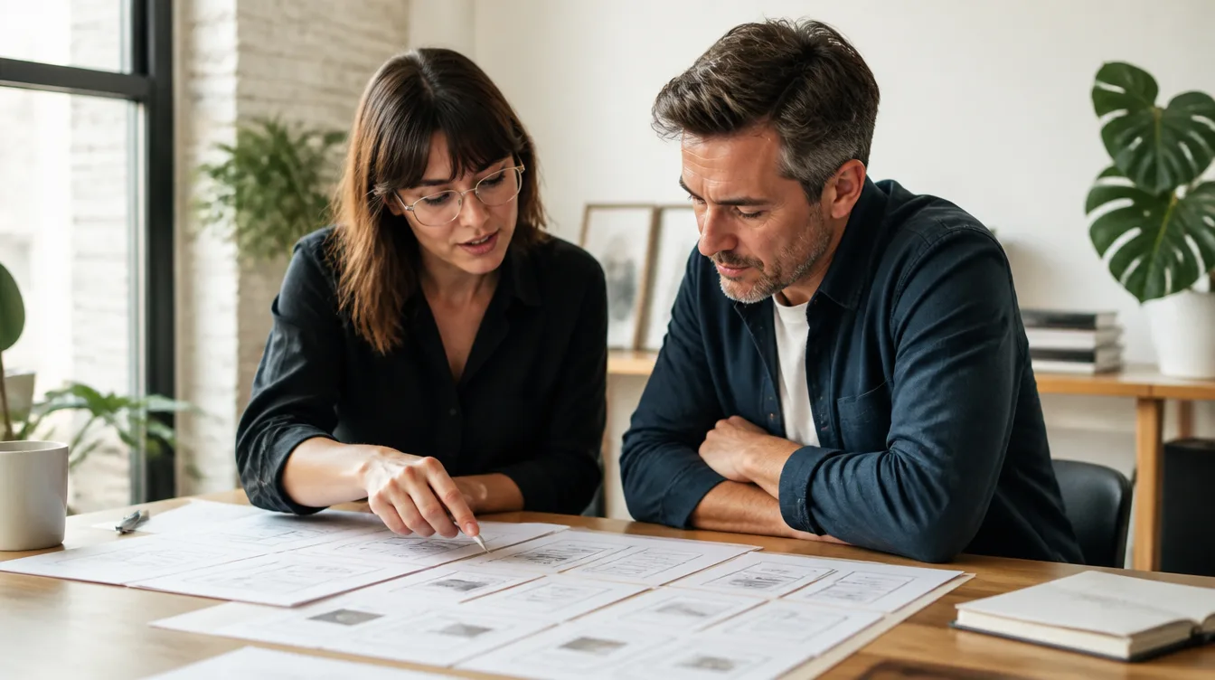 A web designer and a client reviewing printed page layout sketches together at a table.