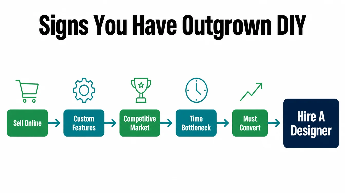 Flow diagram showing signs you have outgrown DIY: selling online, custom features, a competitive market