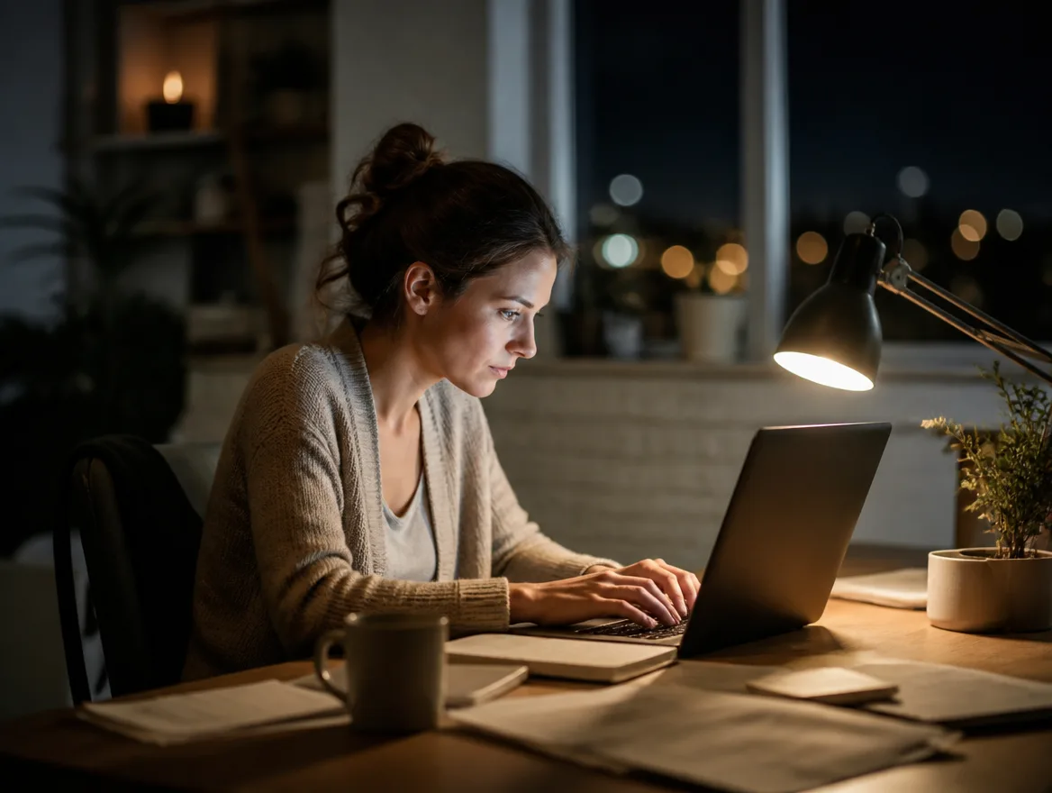 A small business owner working alone on a laptop late at night, building their own website.
