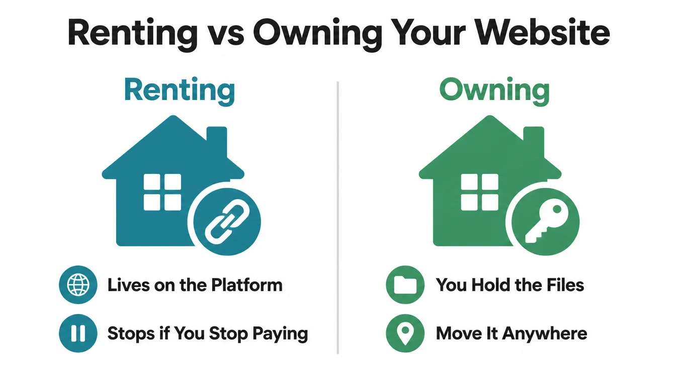 Infographic comparing renting a website on a platform with owning a portable website you control.