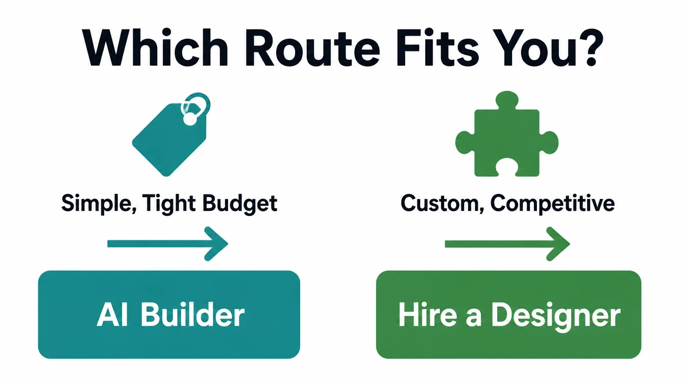Infographic showing a decision guide: simple, tight budget points to an AI builder