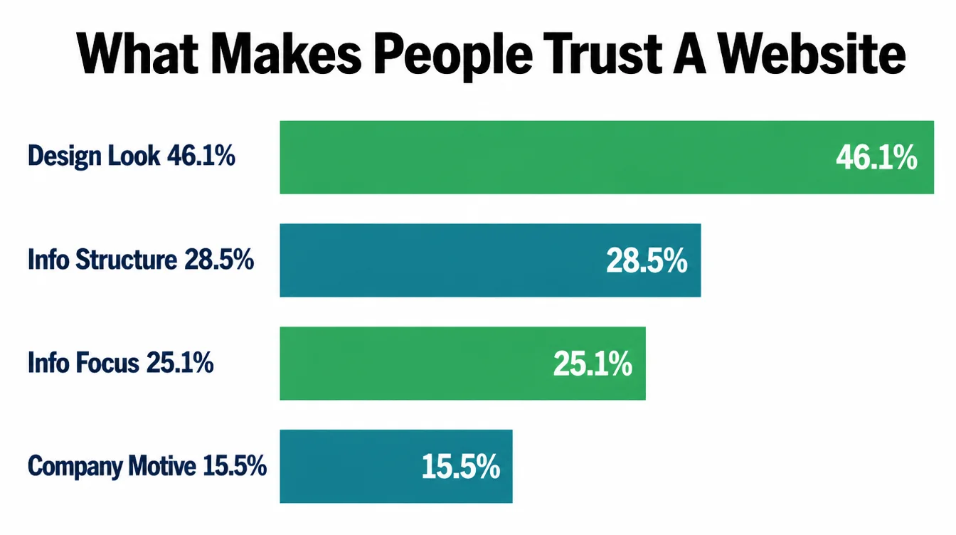Bar chart showing what makes people trust a website: design look 46.1 percent, info structure 28.5 percent
