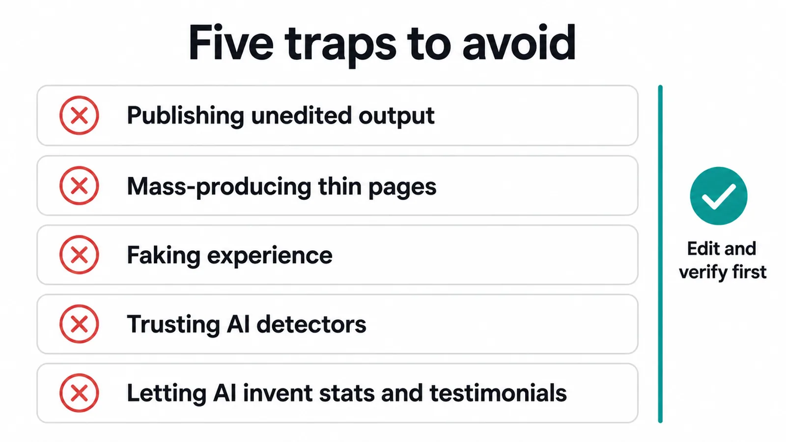 Checklist of five AI writing traps to avoid, with a reminder to edit and verify first