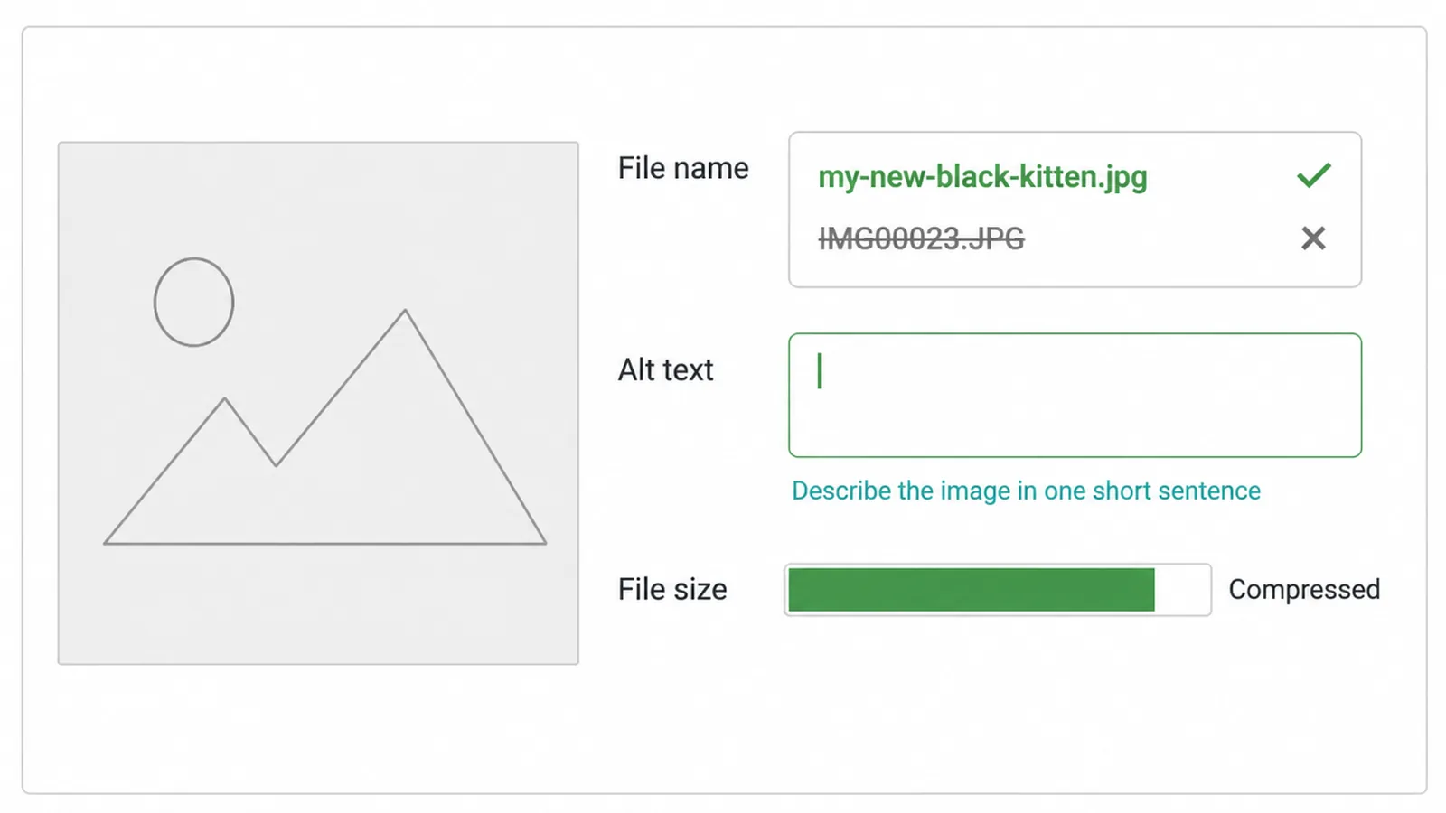 Editor panel showing a descriptive file name, an alt text field and a compressed file.