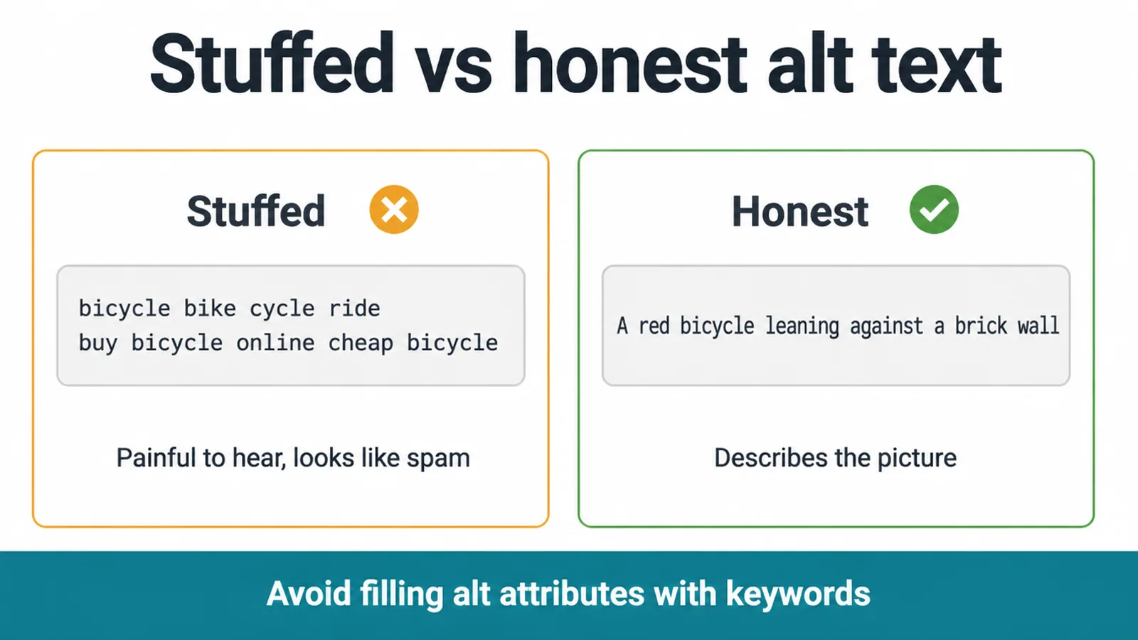 Keyword stuffed alt text next to honest alt text describing a red bicycle.