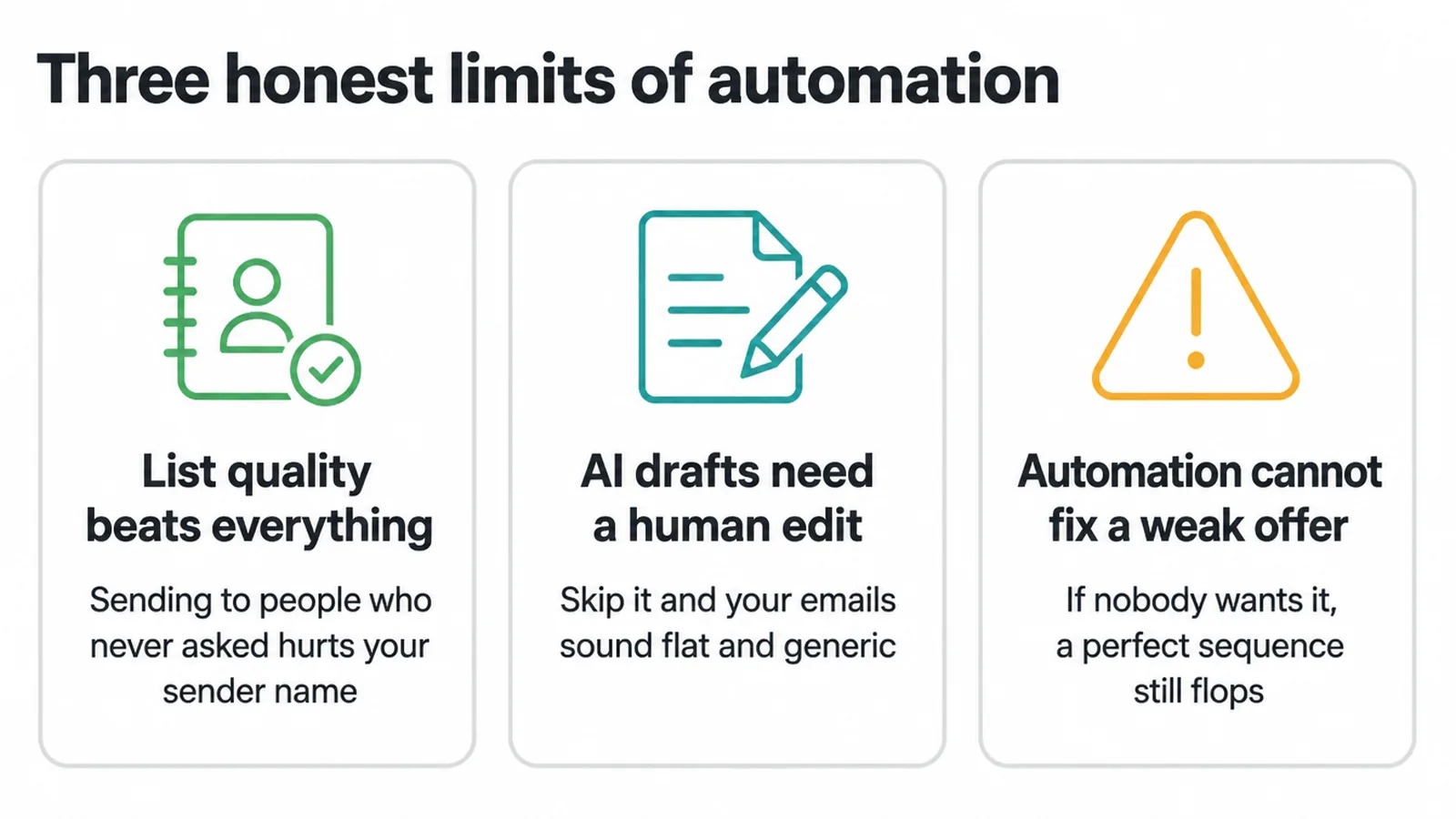 Three cards listing the limits of email automation: list quality, human editing and a weak offer