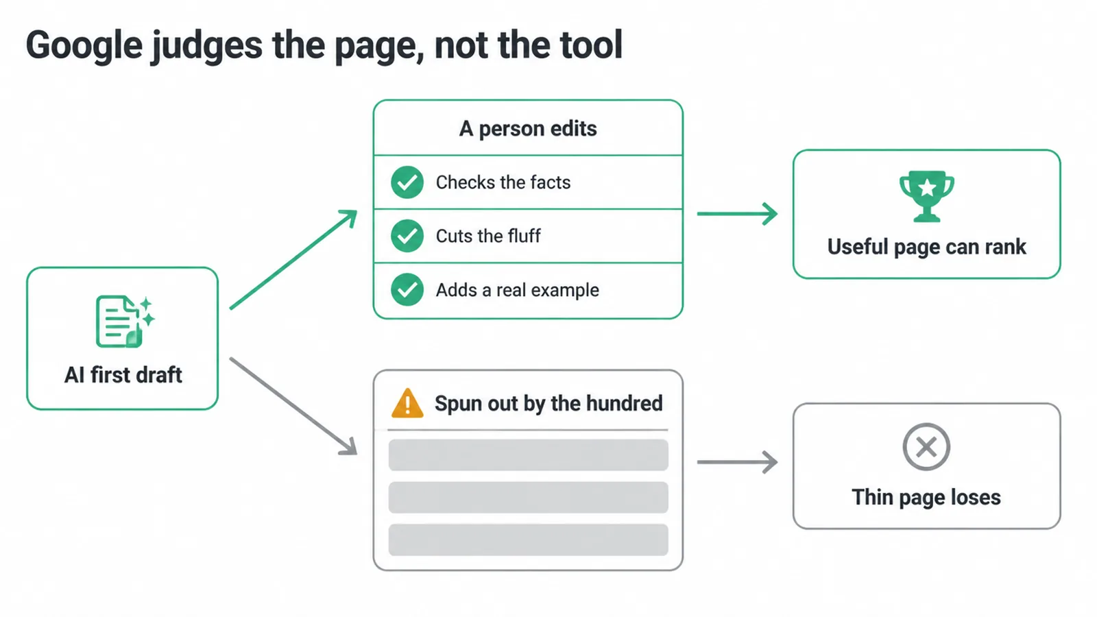 Flow chart: an edited AI draft can rank, a thin mass produced page loses.