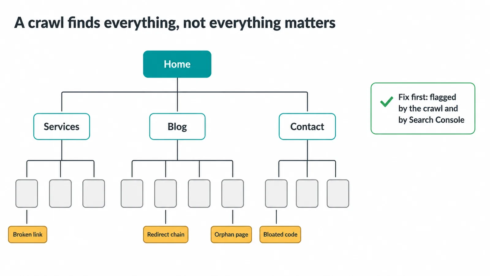 Site tree with flags for broken links, redirect chains, orphan pages and bloated code.
