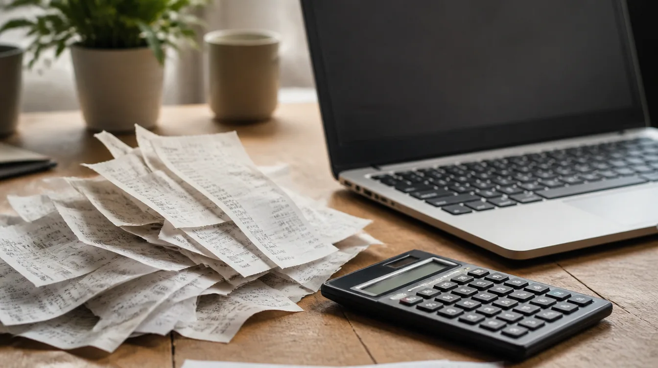 A pile of paper receipts beside a calculator and an open laptop on a desk.