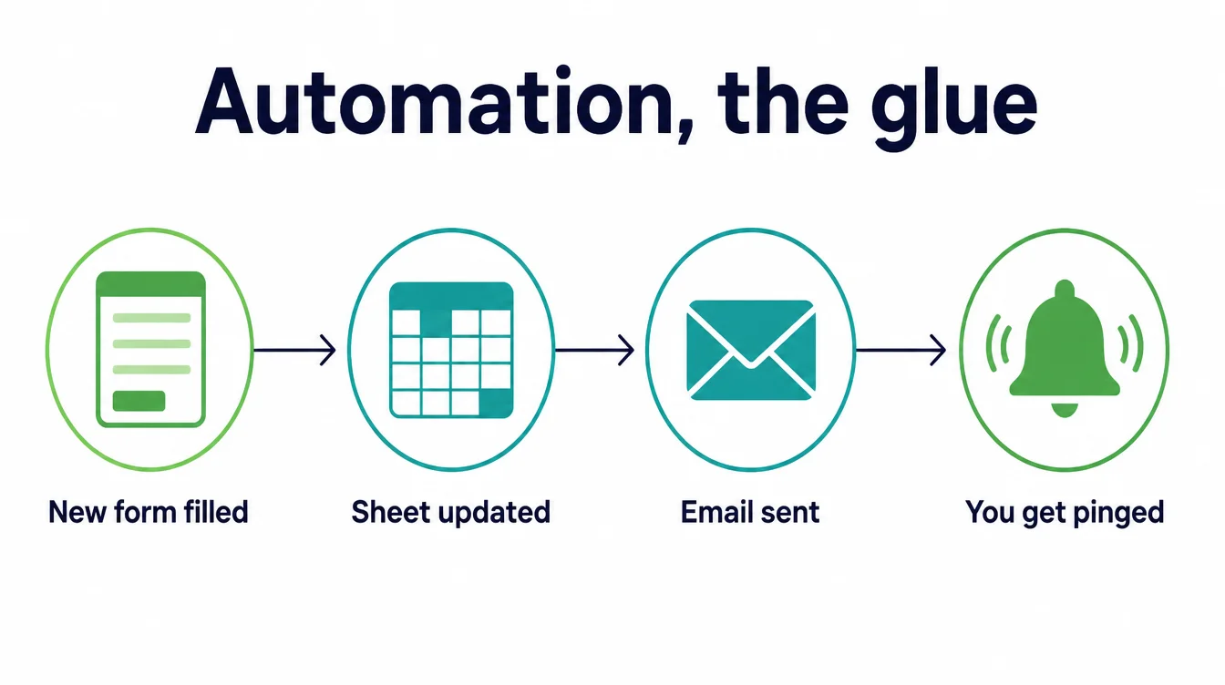 A flow diagram showing a form filled, a spreadsheet updated, an email sent, and a notification pinged.