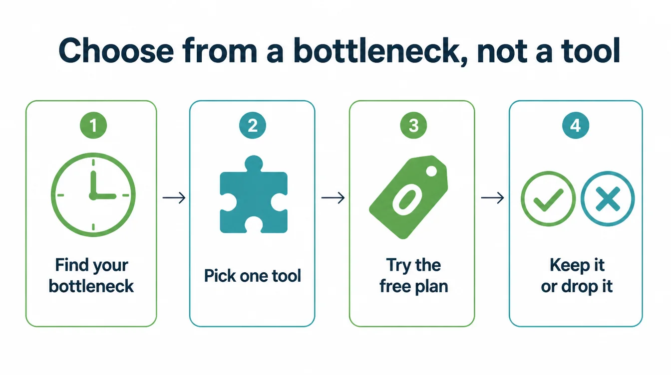 Four step process: find your bottleneck, pick one tool, try the free plan, keep it or drop it.