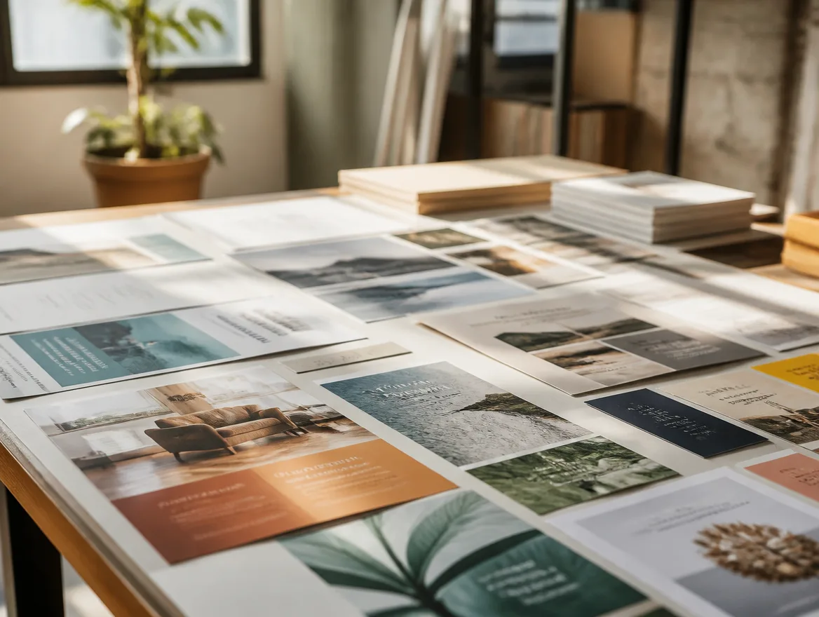 Printed flyers and marketing graphics spread out across a studio table in soft daylight.