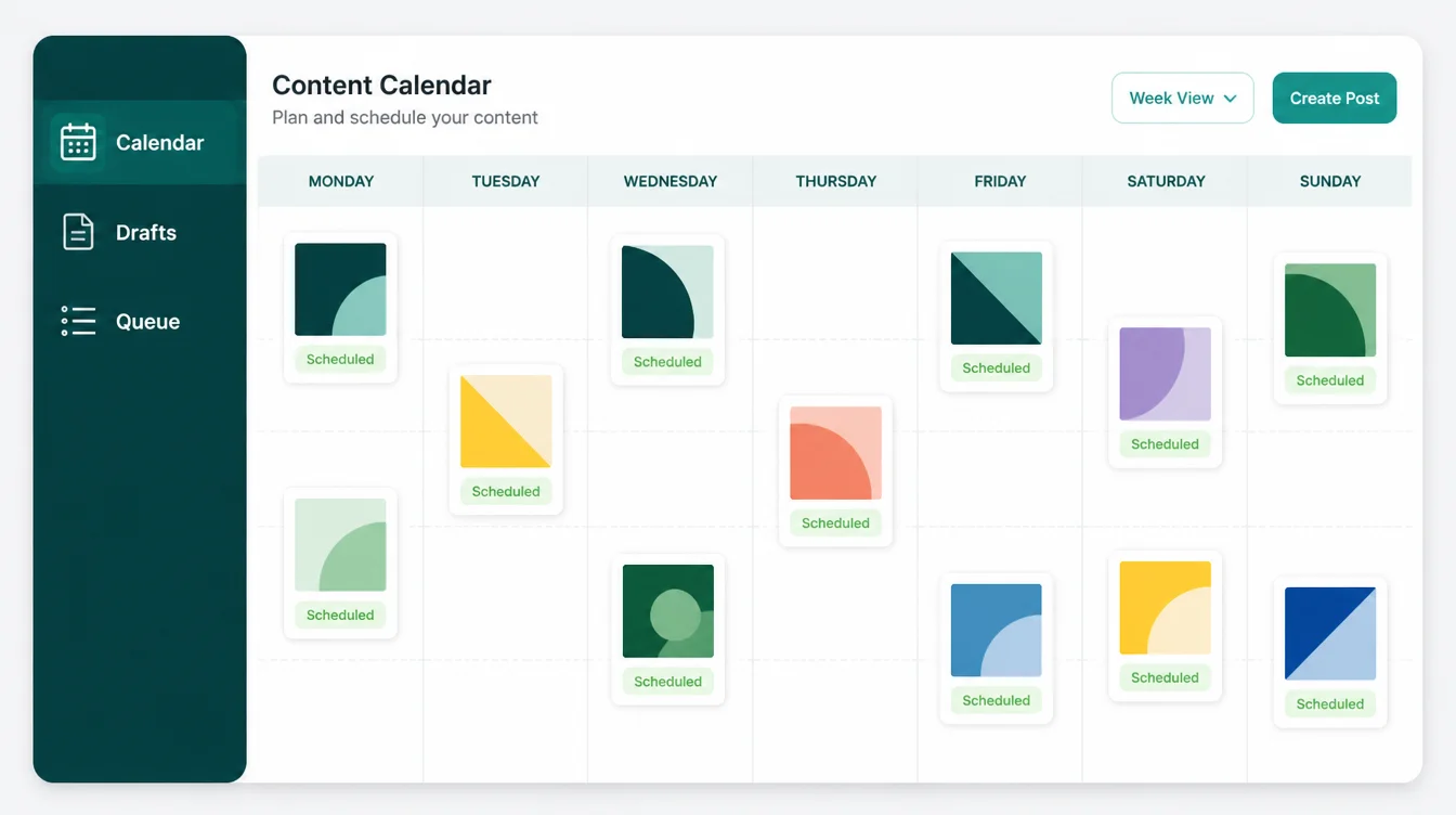 A generic content calendar interface showing posts scheduled across a weekly grid.