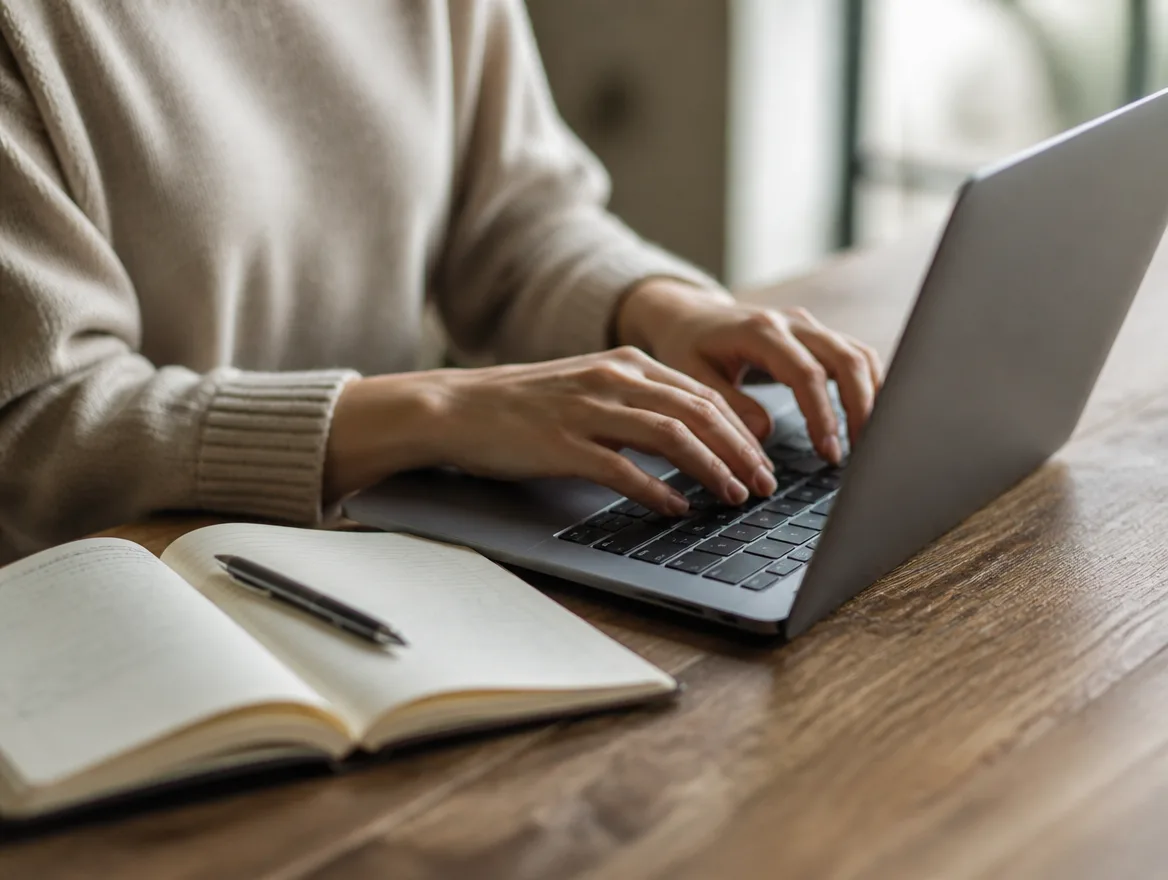 Hands typing on a laptop keyboard with an open paper notebook and pen beside it on a wooden desk.
