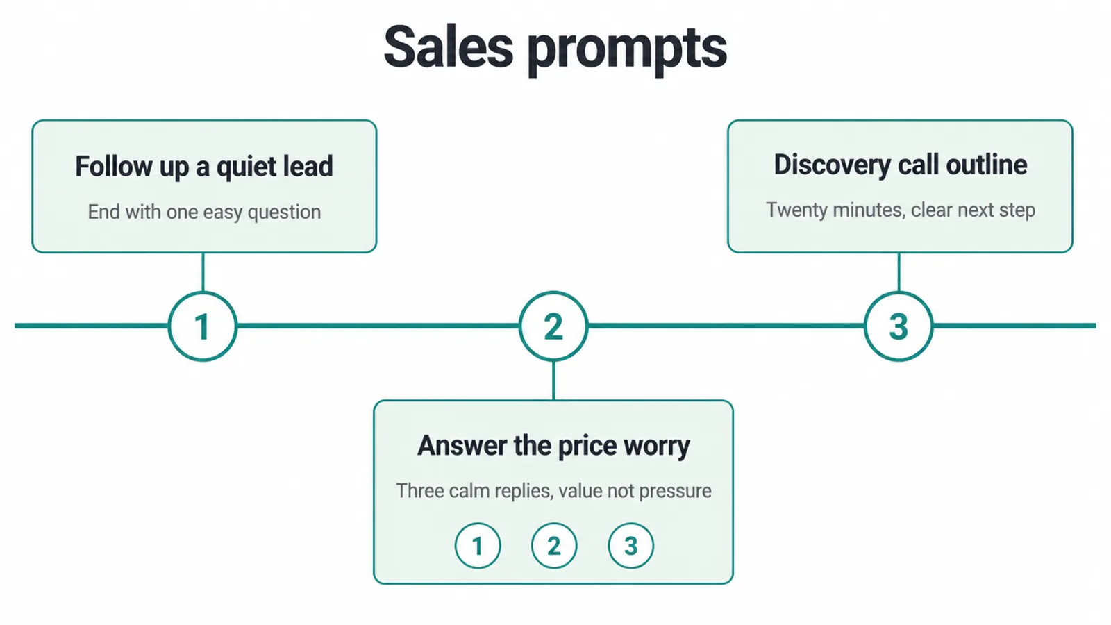 Timeline of three sales prompts: quiet lead follow up, price worry and discovery call