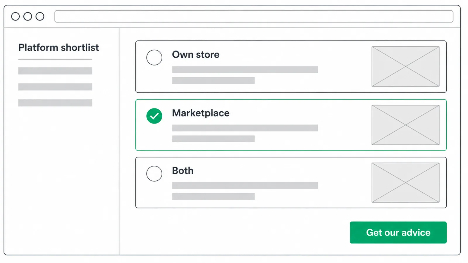 Mockup of a shortlist screen with own store, marketplace and both options.
