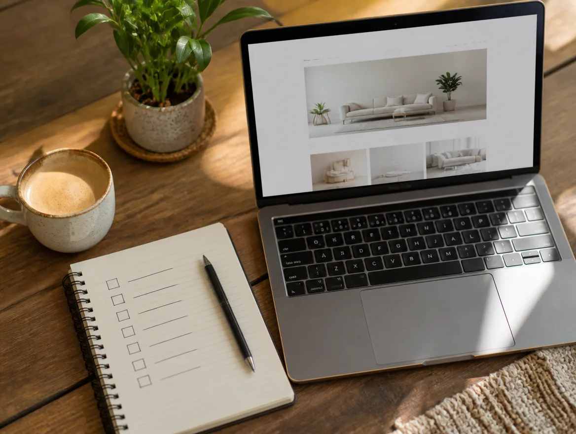 A small business owner reading Google reviews on a phone while portfolio websites load on a laptop nearby.
