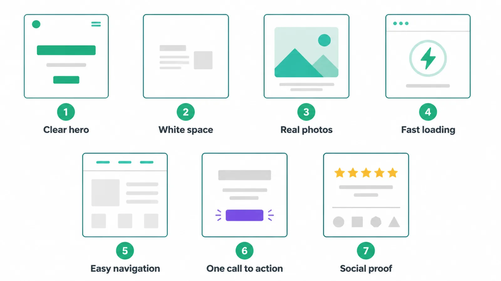 Grid of seven website design patterns shown as small wireframe icons.