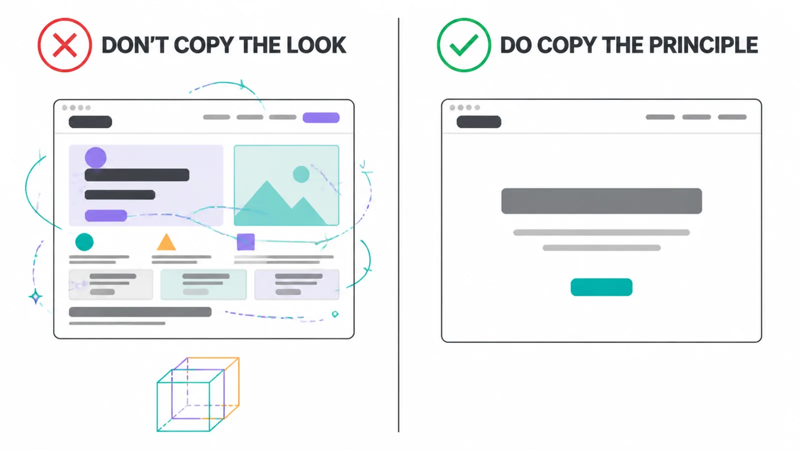 Do and don't comparison of copying a flashy look versus a design principle.