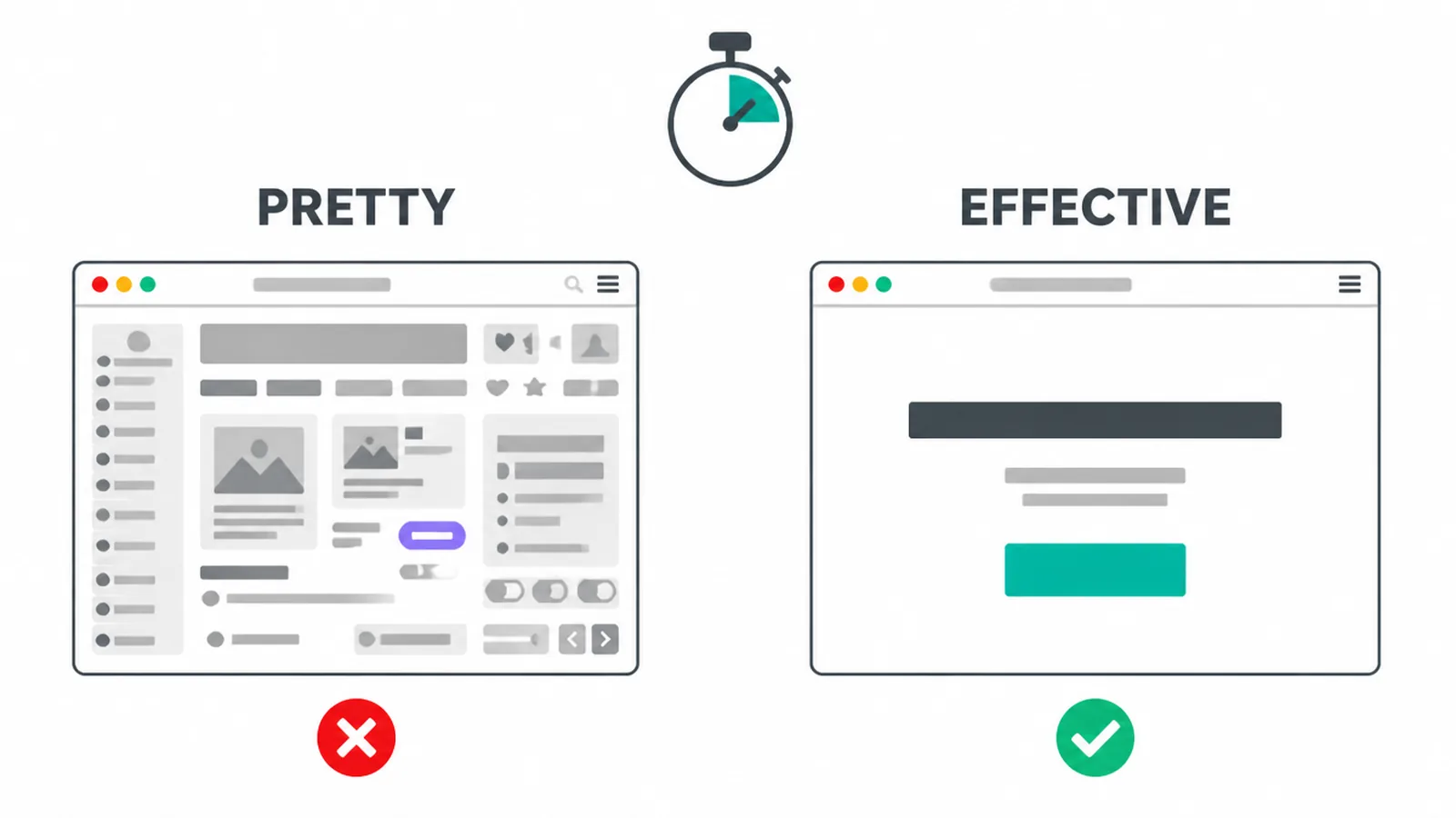 Comparison diagram of a cluttered pretty layout versus a clean effective one.