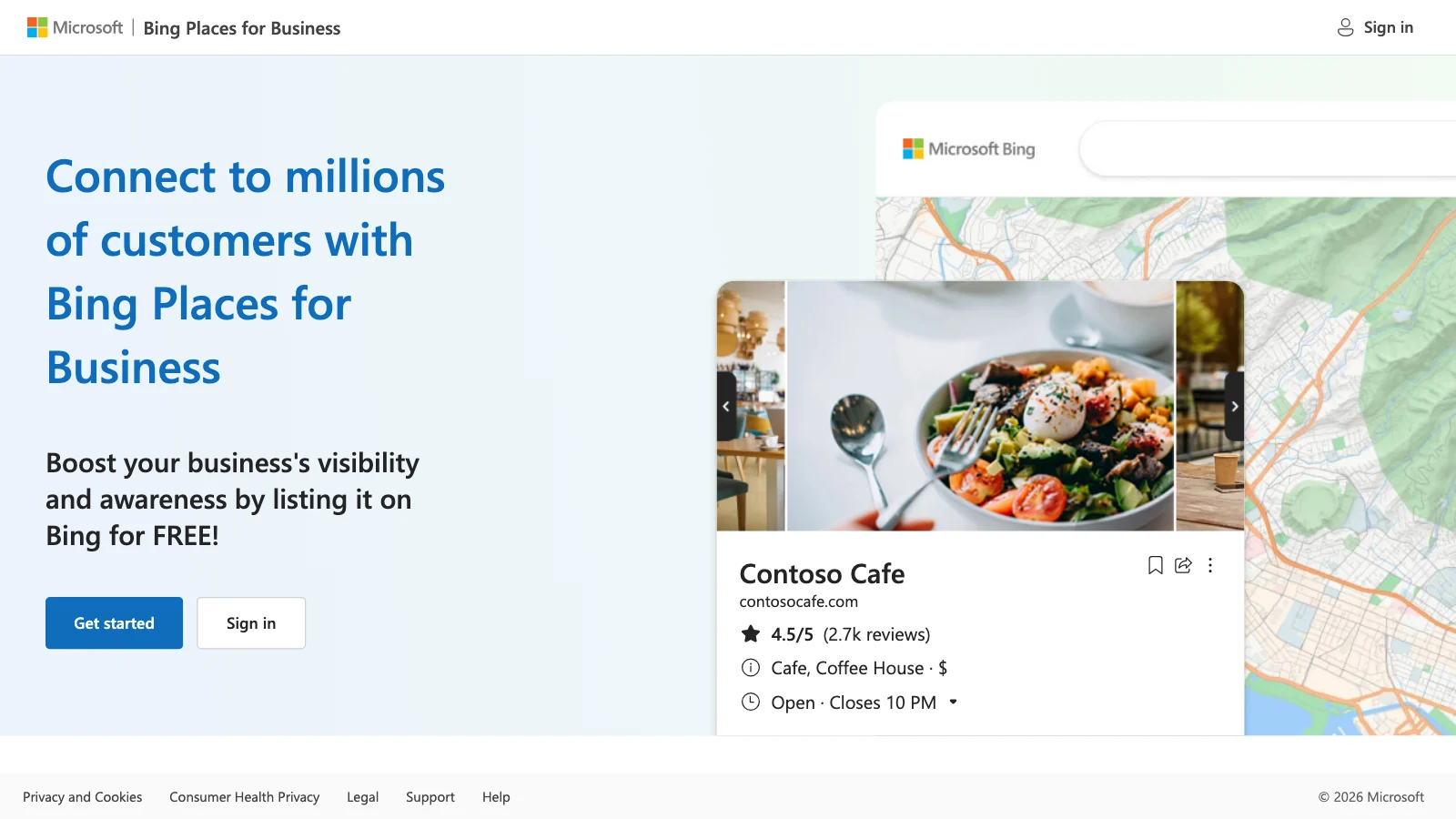 Screenshot of the Bing Places for Business home page showing a sample listing with opening hours beside a map
