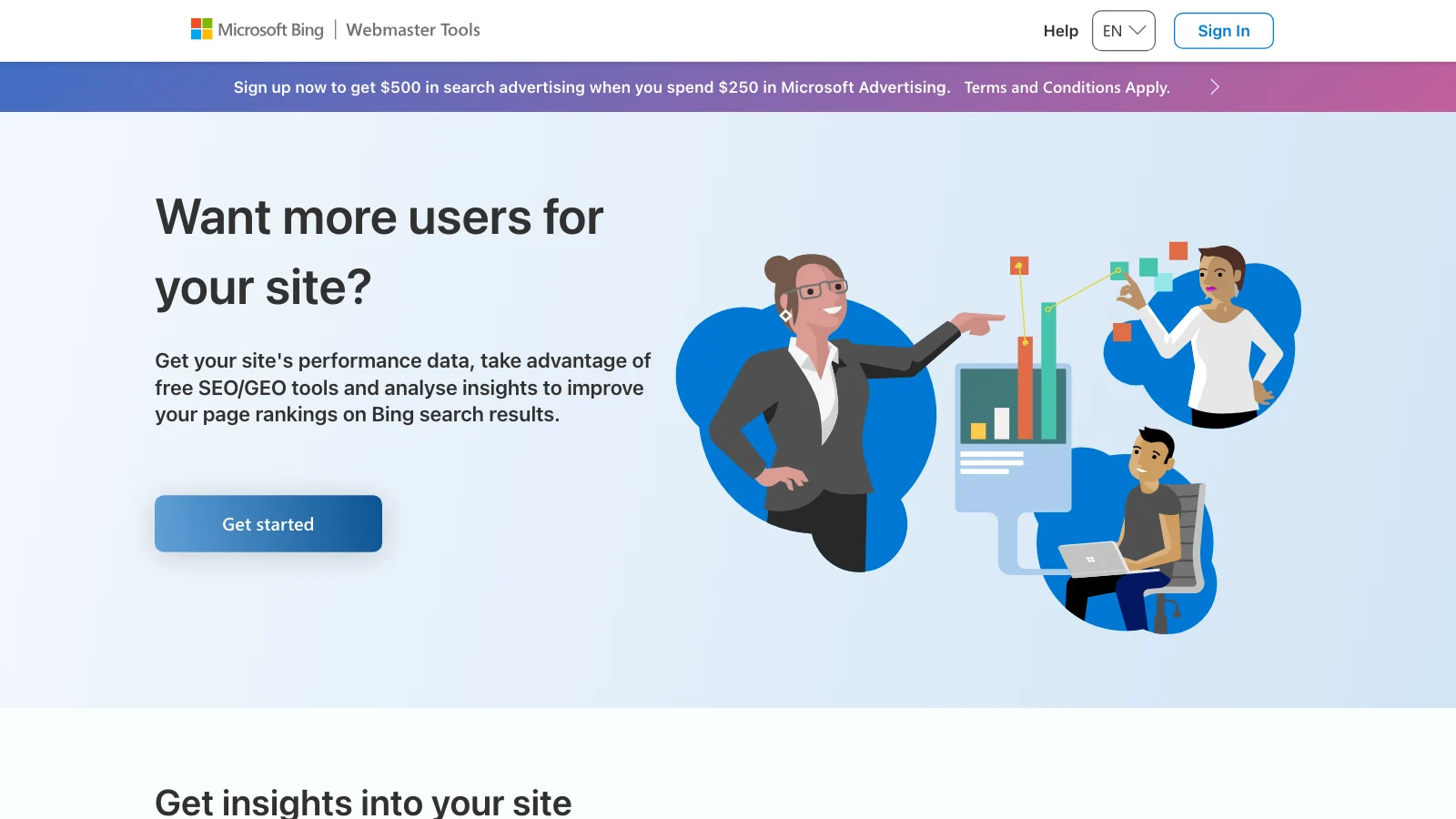 Screenshot of the Bing Webmaster Tools sign up page headed Want more users for your site, offering free performance data and insights