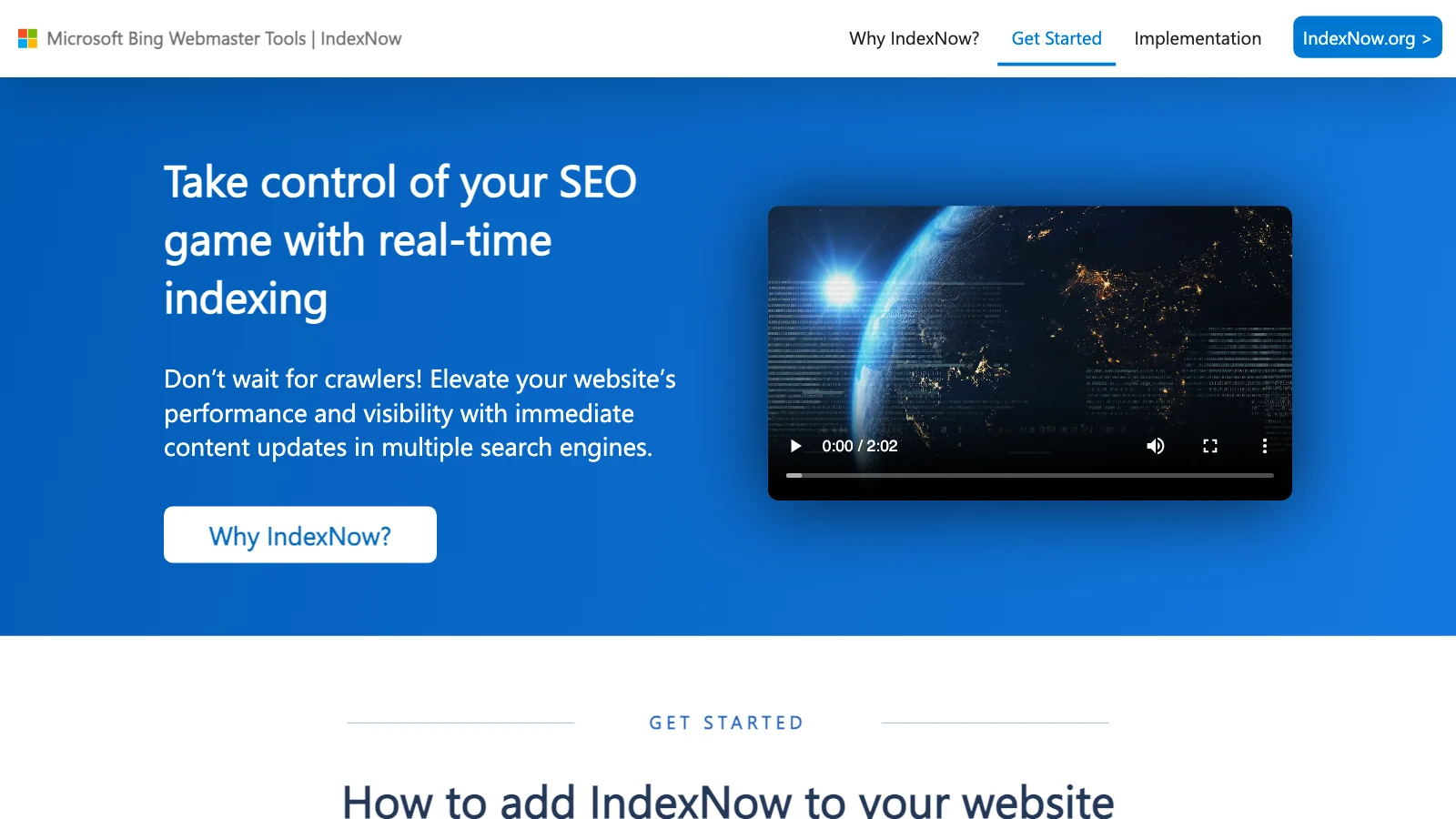 Screenshot of the IndexNow getting started page on Bing's site, headed Take control of your SEO game with real time indexing