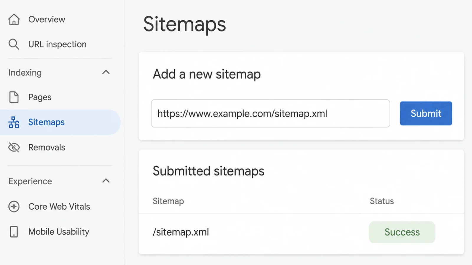 A webmaster tools sitemaps page with a field holding a sitemap address beside a Submit button, and one submitted sitemap showing a green Success status