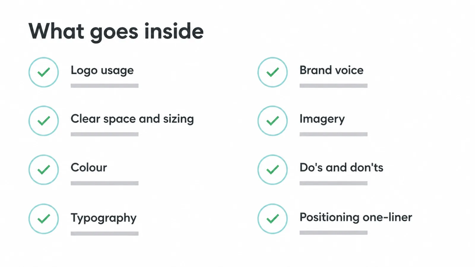 Checklist of the eight sections a brand guide can hold, from logo usage to a positioning one-liner.