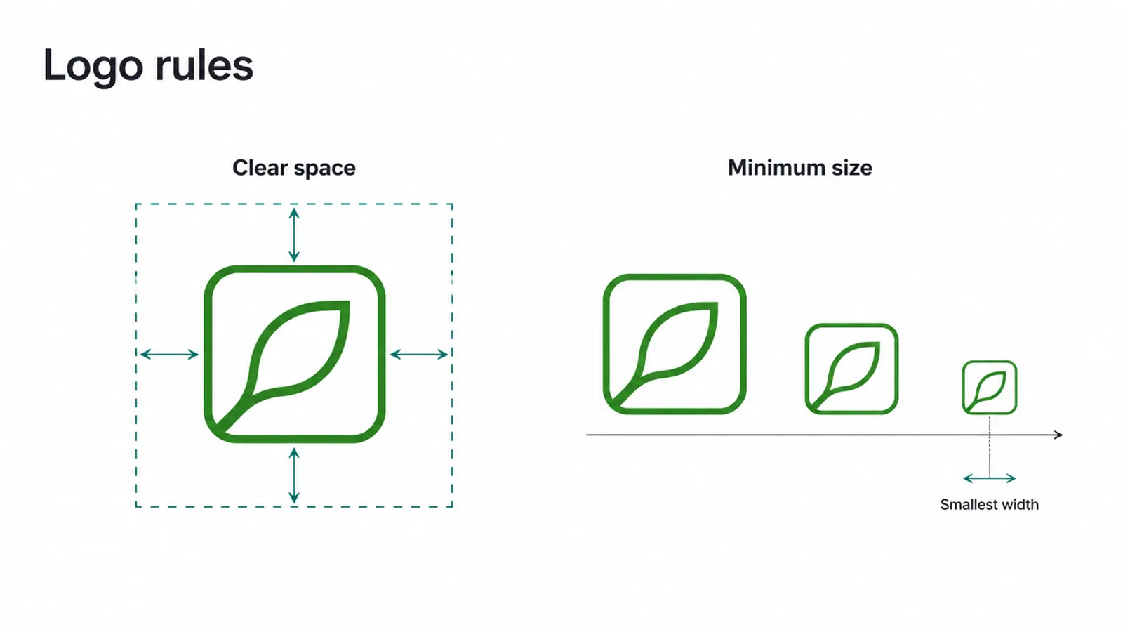 Diagram showing clear space around a logo mark and the smallest width it can be used at.