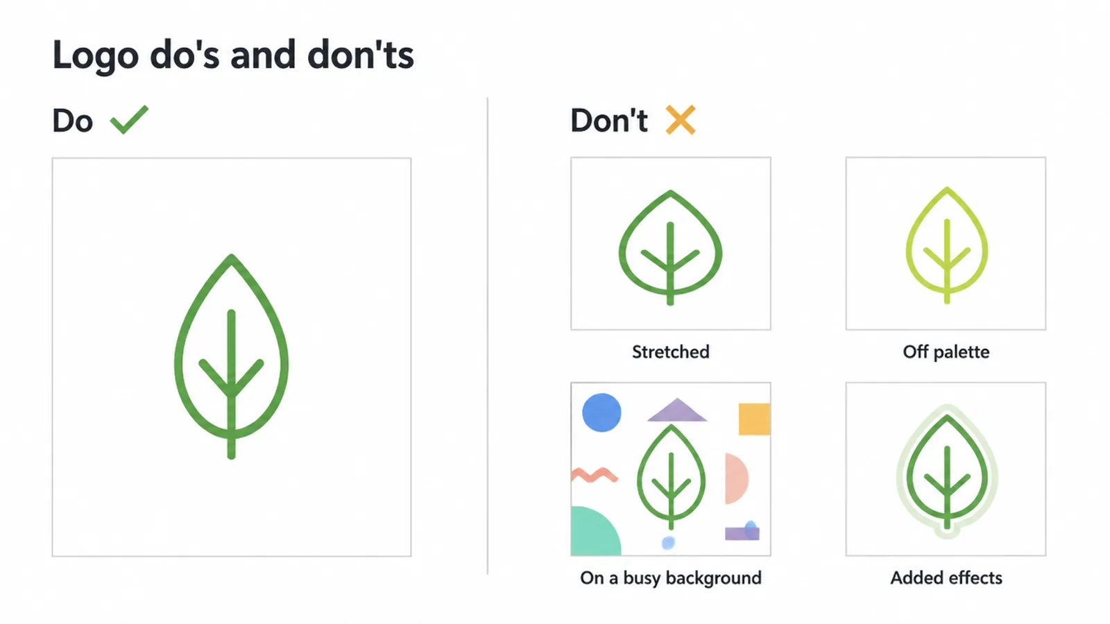 Do and don't grid showing correct logo use next to stretched, off palette, busy background and effects misuses.