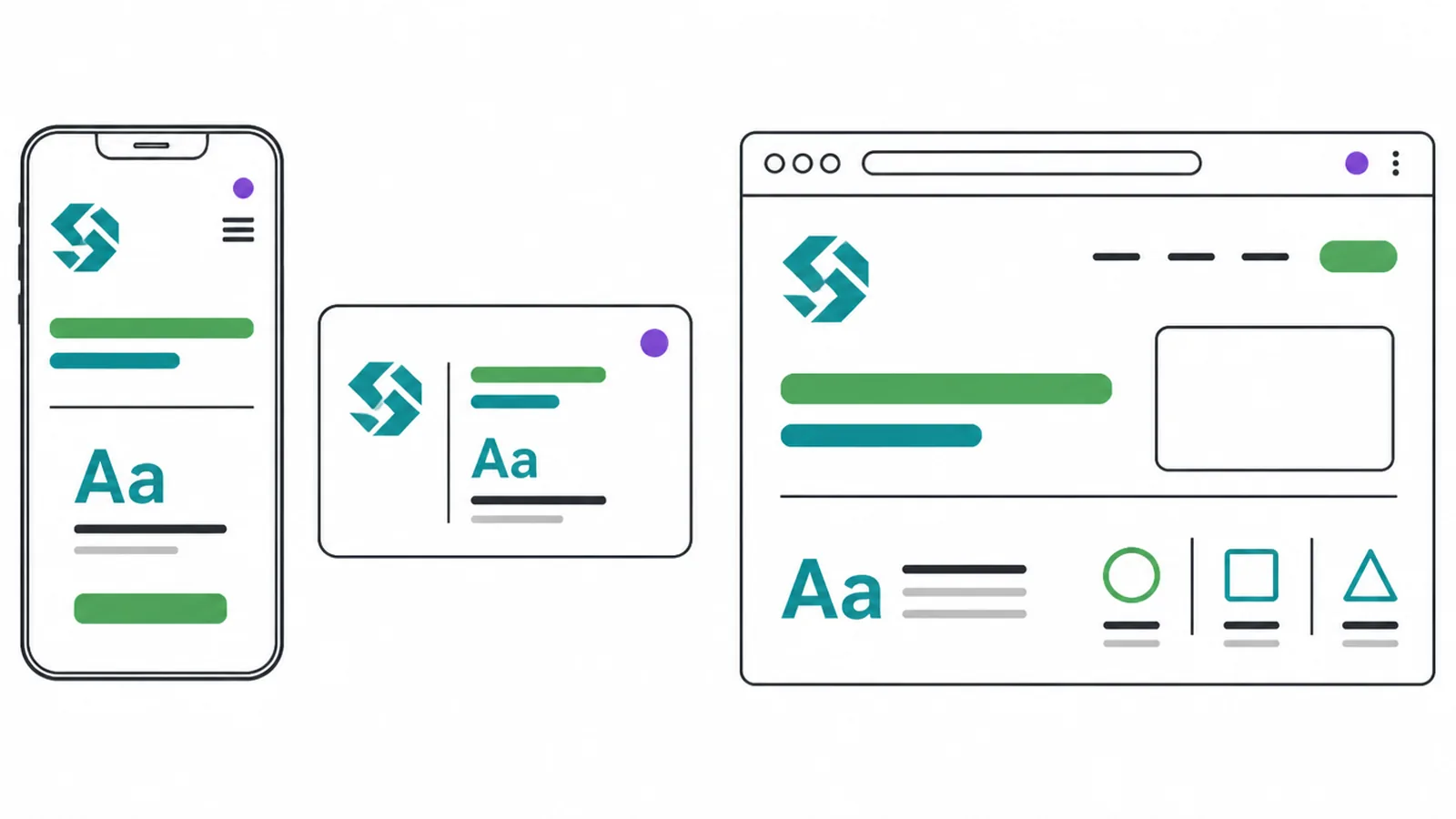 One brand identity applied consistently across a phone screen, a business card and a web page.