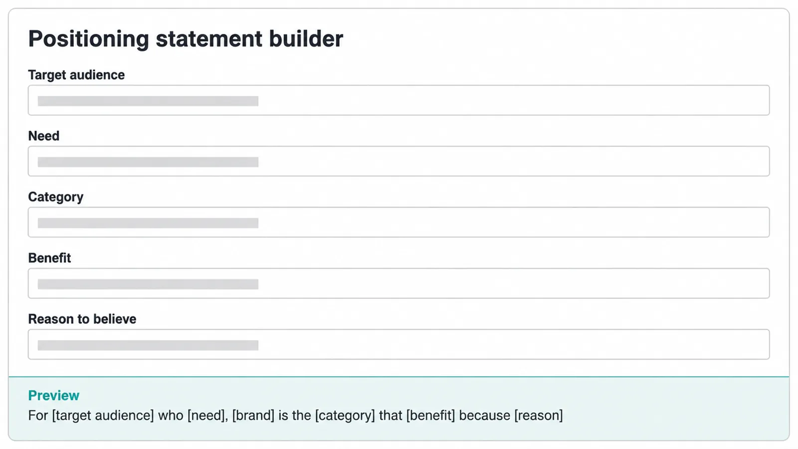 Form mockup with fields for target audience, need, category, benefit and reason to believe