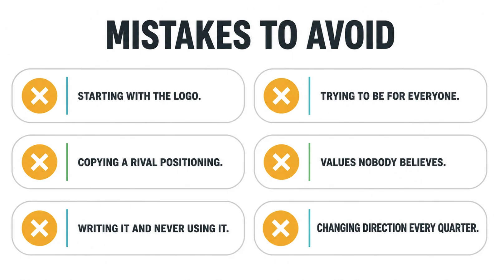 Checklist of six common brand strategy mistakes, each marked with a cross.